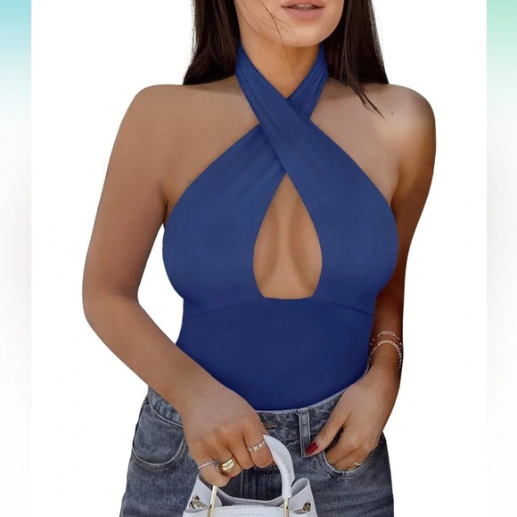 NWT! ReoRia blue criss cross halter body suit XL - Picture 2 of 5